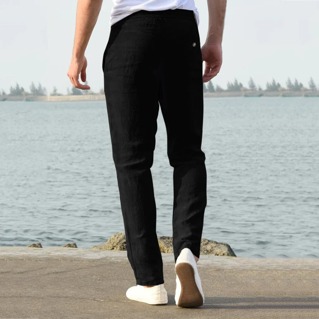 Foesce -New Men Cotton Linen Casual Pants Loose Solid Lace Up Elastic Waist Straight Trousers Breathable Sweatpants Male Streetwear