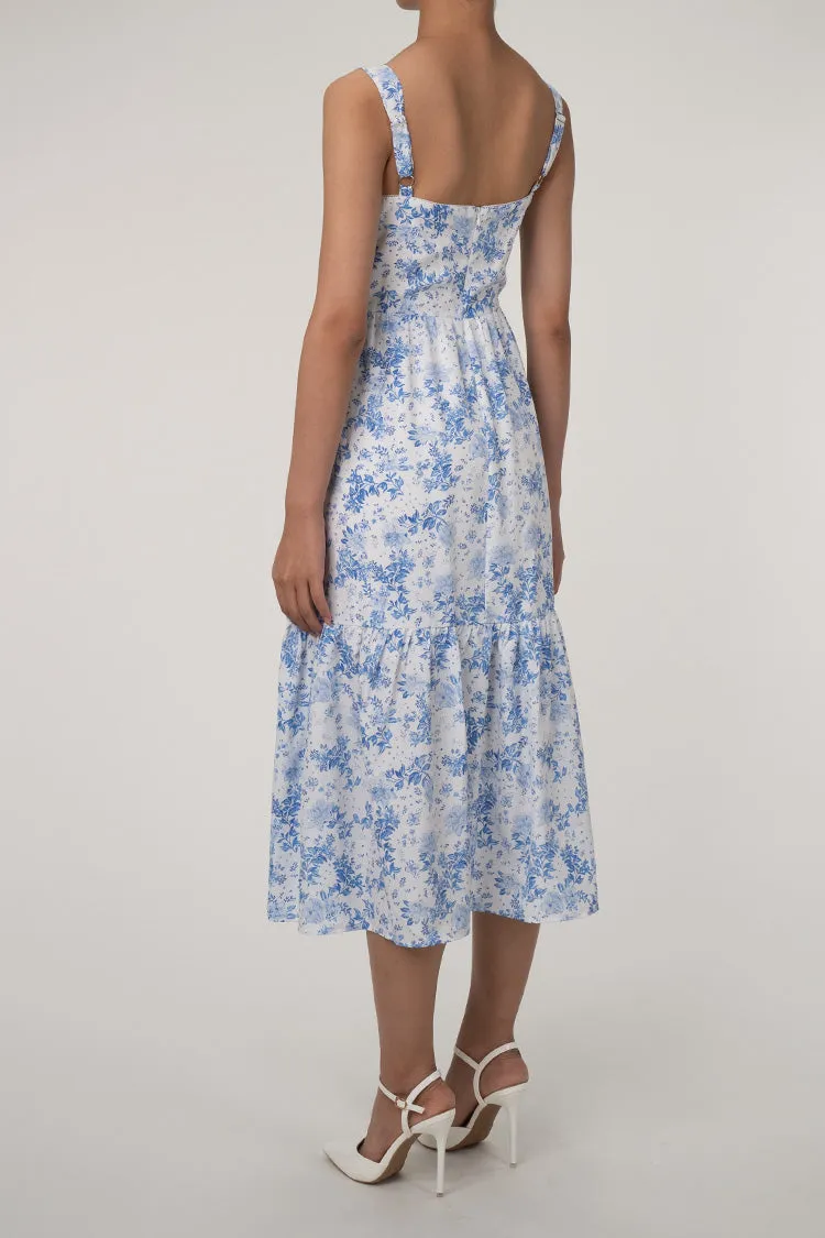 French Sweetheart Fit and Flare Ruffle Floral Printed Midi Sundress - Blue