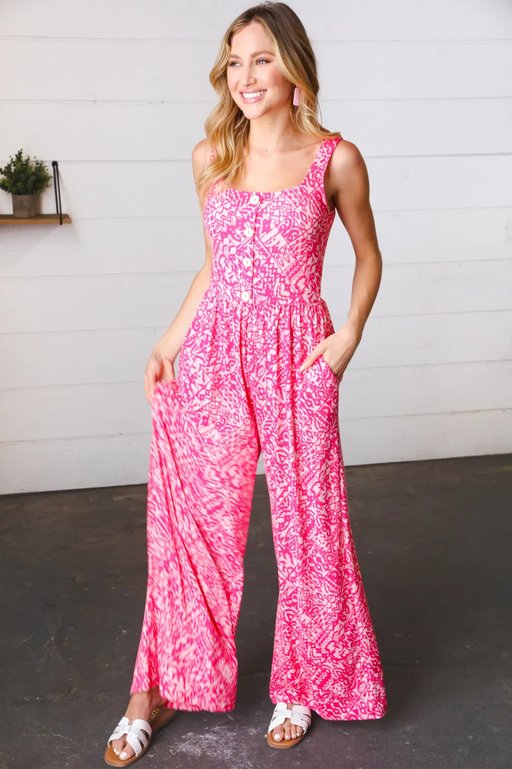 Fuchsia Boho Batik Print Button Sleeveless Jumpsuit