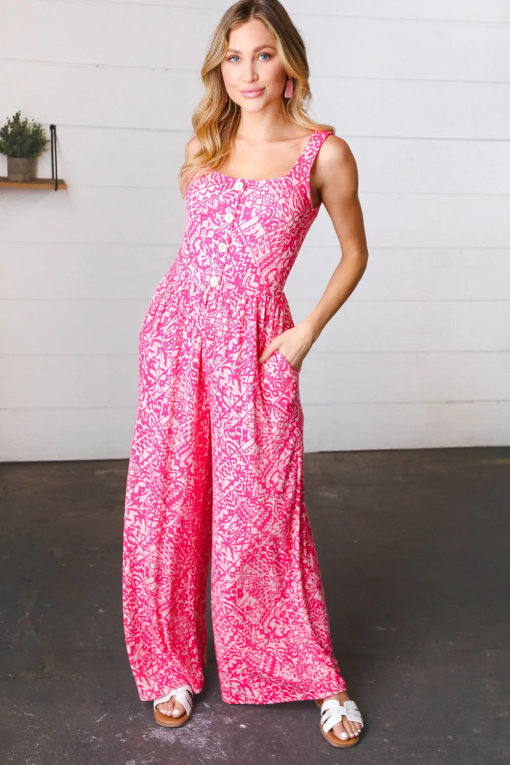 Fuchsia Boho Batik Print Button Sleeveless Jumpsuit