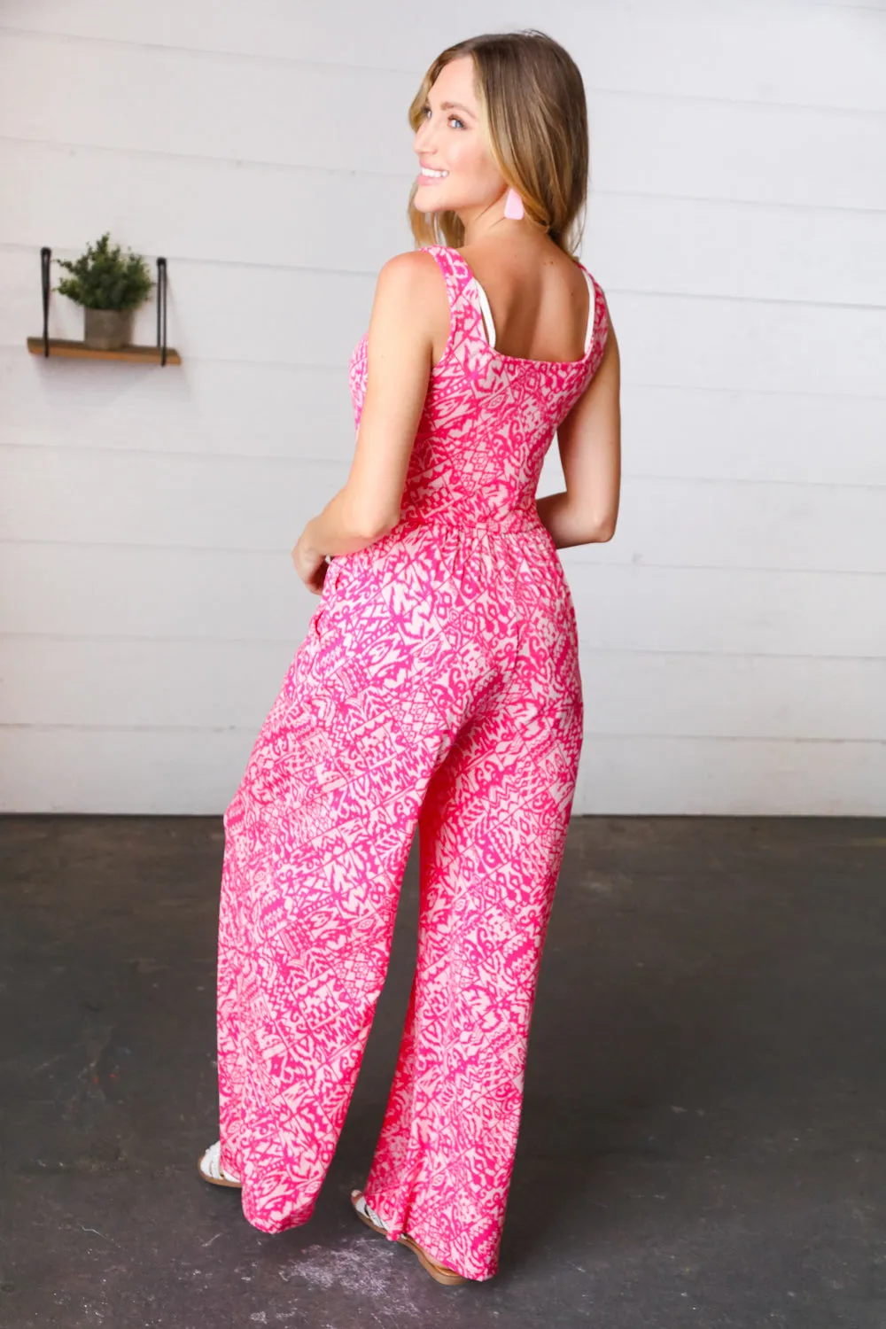 Fuchsia Boho Batik Print Button Sleeveless Jumpsuit