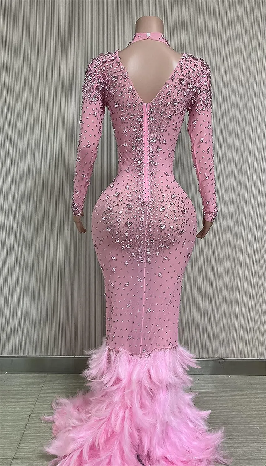 FURINFASHION HU-07 Women‘s Long Pink Dresses With Sparking Diamonds Rhinestones And Real Ostrich Fur Trim Hem Long Sleeve Sexy Dress