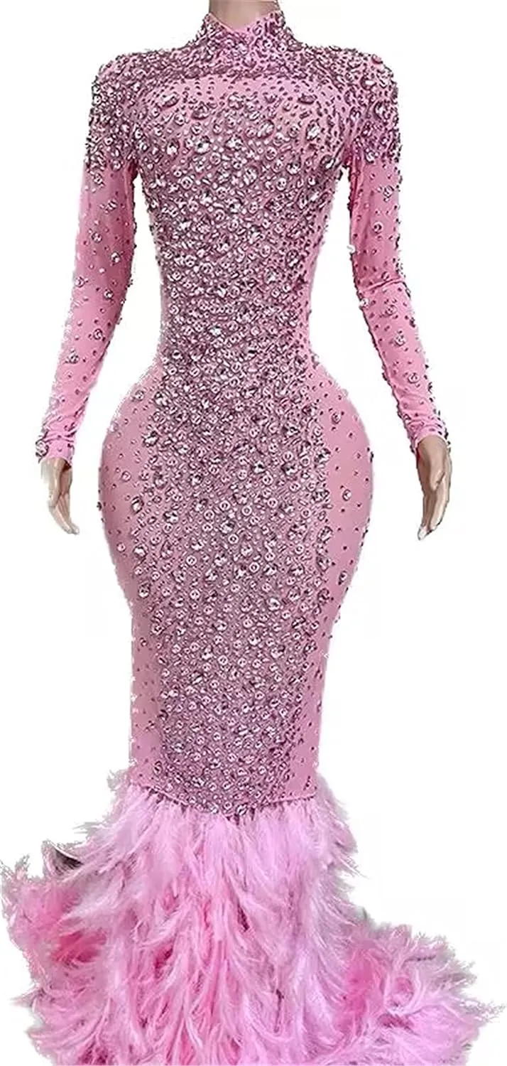 FURINFASHION HU-07 Women‘s Long Pink Dresses With Sparking Diamonds Rhinestones And Real Ostrich Fur Trim Hem Long Sleeve Sexy Dress