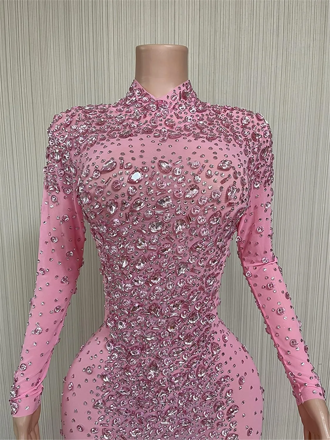 FURINFASHION HU-07 Women‘s Long Pink Dresses With Sparking Diamonds Rhinestones And Real Ostrich Fur Trim Hem Long Sleeve Sexy Dress