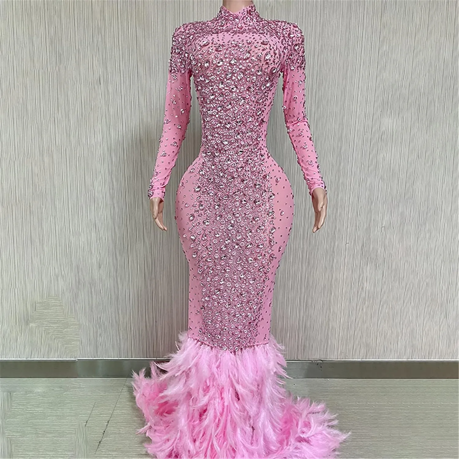 FURINFASHION HU-07 Women‘s Long Pink Dresses With Sparking Diamonds Rhinestones And Real Ostrich Fur Trim Hem Long Sleeve Sexy Dress