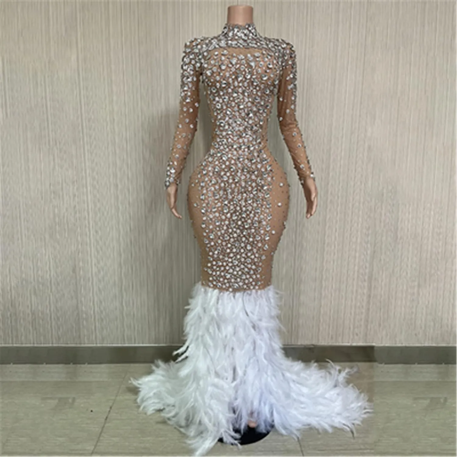 FURINFASHION HU-07 Women‘s Long Pink Dresses With Sparking Diamonds Rhinestones And Real Ostrich Fur Trim Hem Long Sleeve Sexy Dress