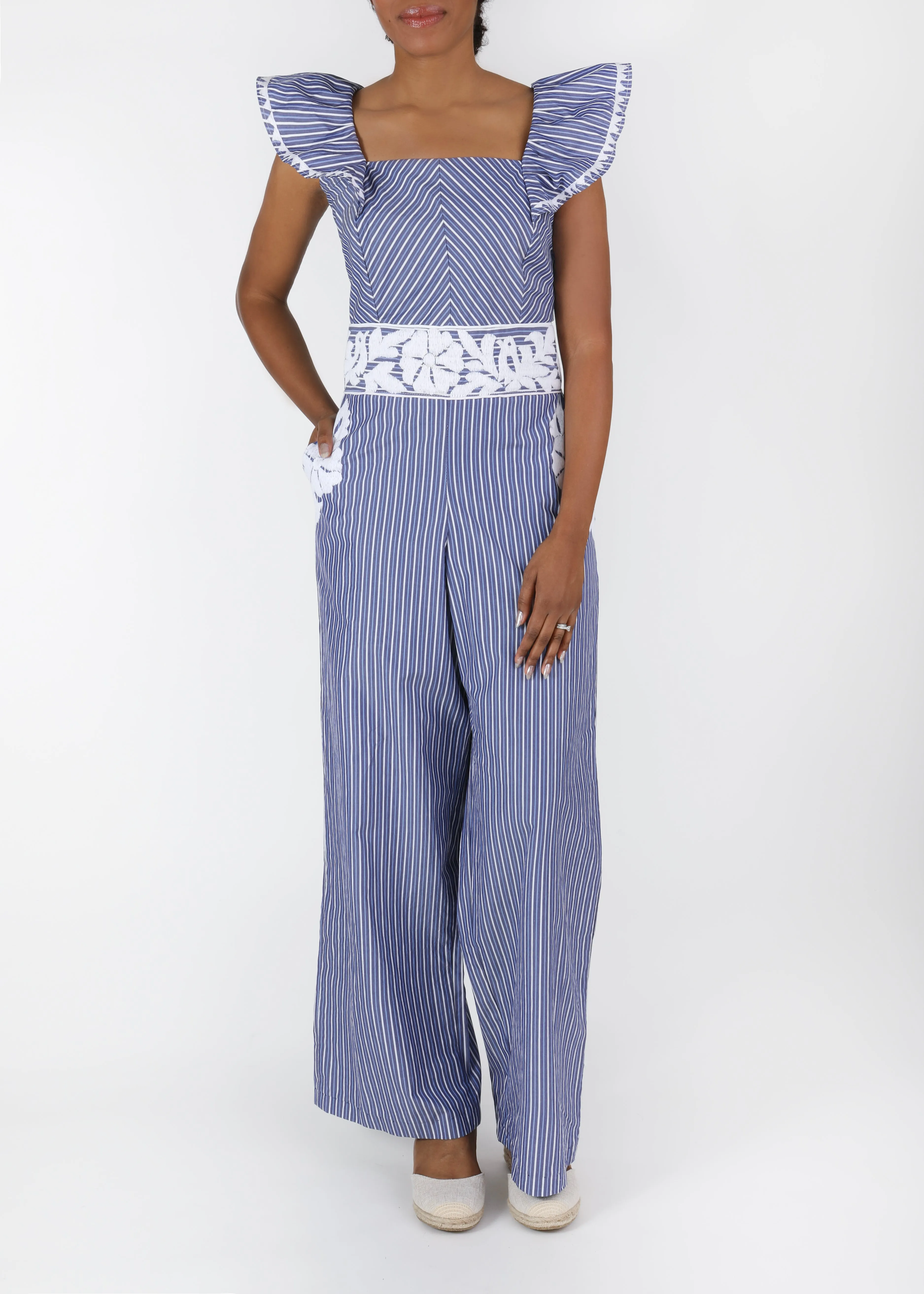 Gardenia Collection Embroidered Jumpsuit from Mexico- Blue, White