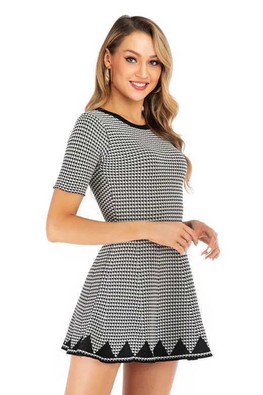 Gingham Knit Fitted Mini Dress With Short Sleeves