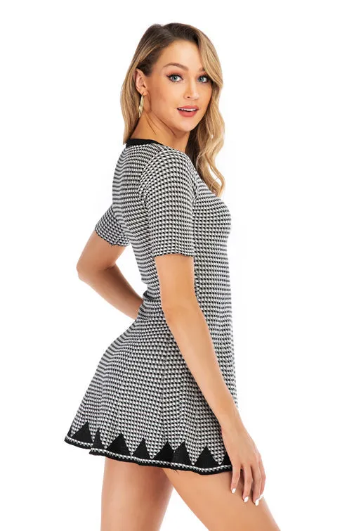 Gingham Knit Fitted Mini Dress With Short Sleeves