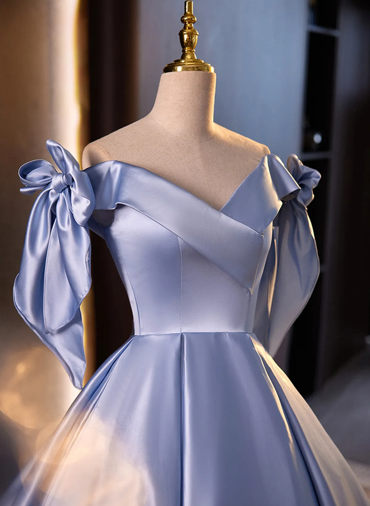 Glam Blue Satin Off Shoulder Long Party Dress Formal Dress, Blue Sweet 16 Dress