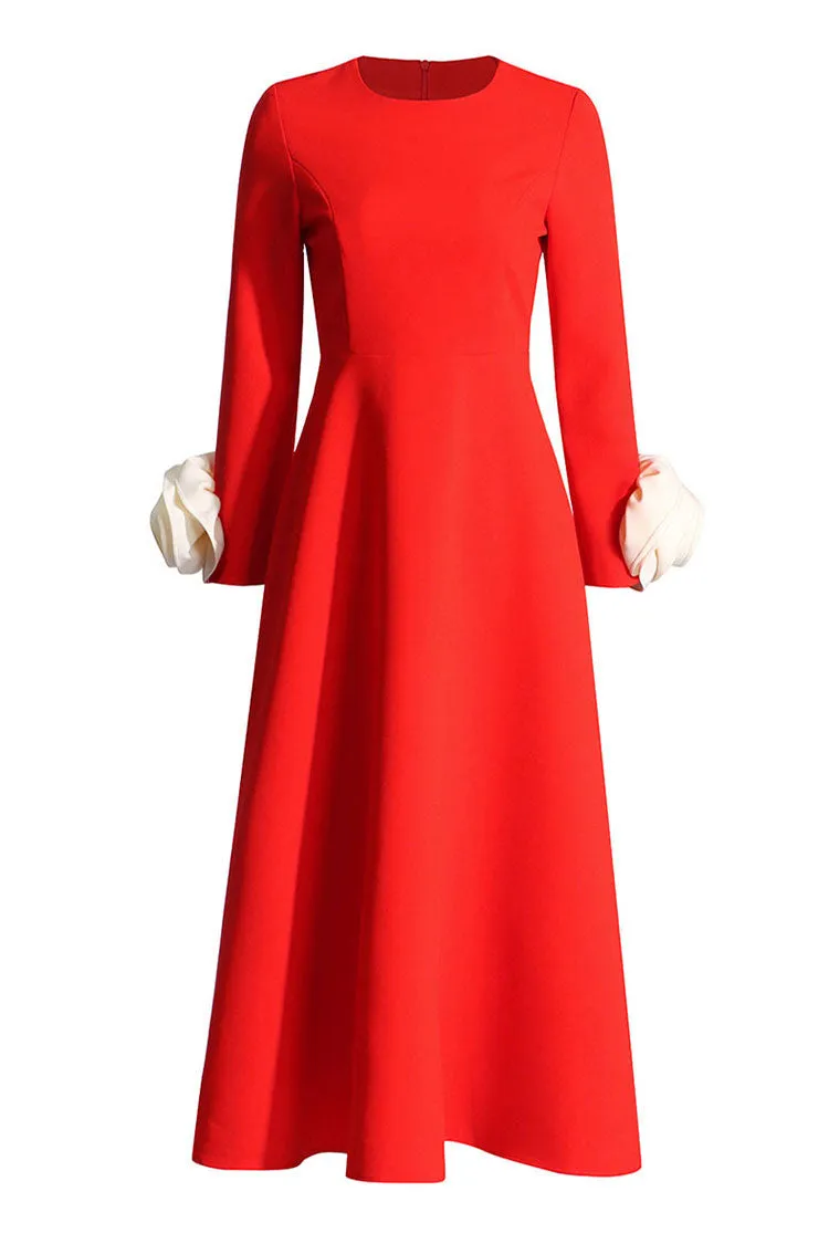 Glamorous Crew Neck Rosette Long Sleeve Flared Cocktail Party Midi Dress