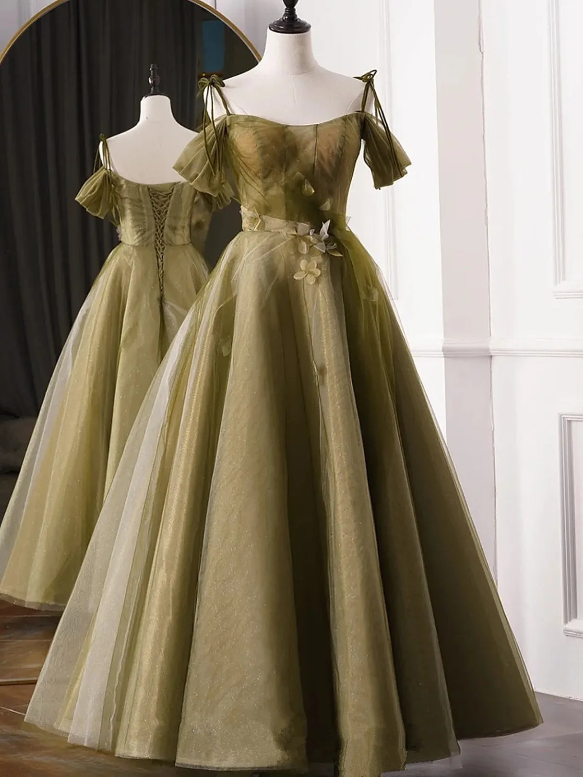 Green A-line Tulle Long Sweetheart Party Dress, Green Tulle Prom Dress