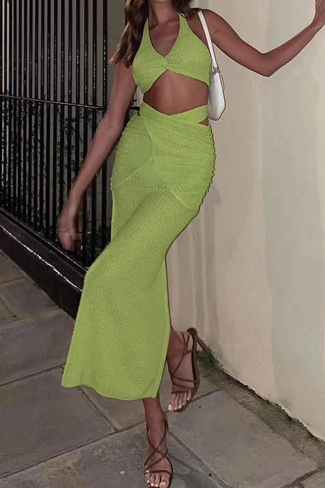 Green Halter Twisted-front Crop Top Strappy Skirt Suits