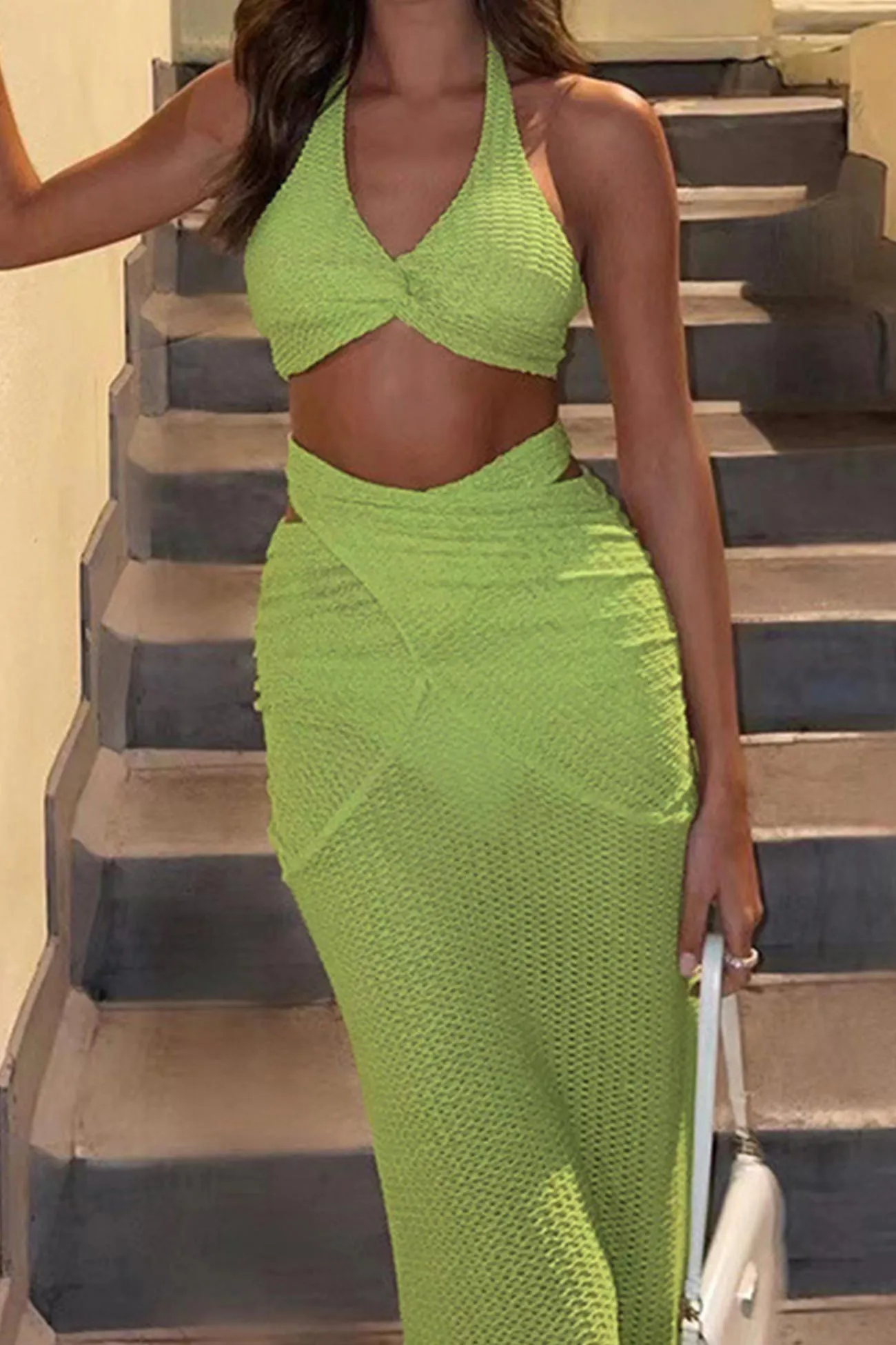 Green Halter Twisted-front Crop Top Strappy Skirt Suits