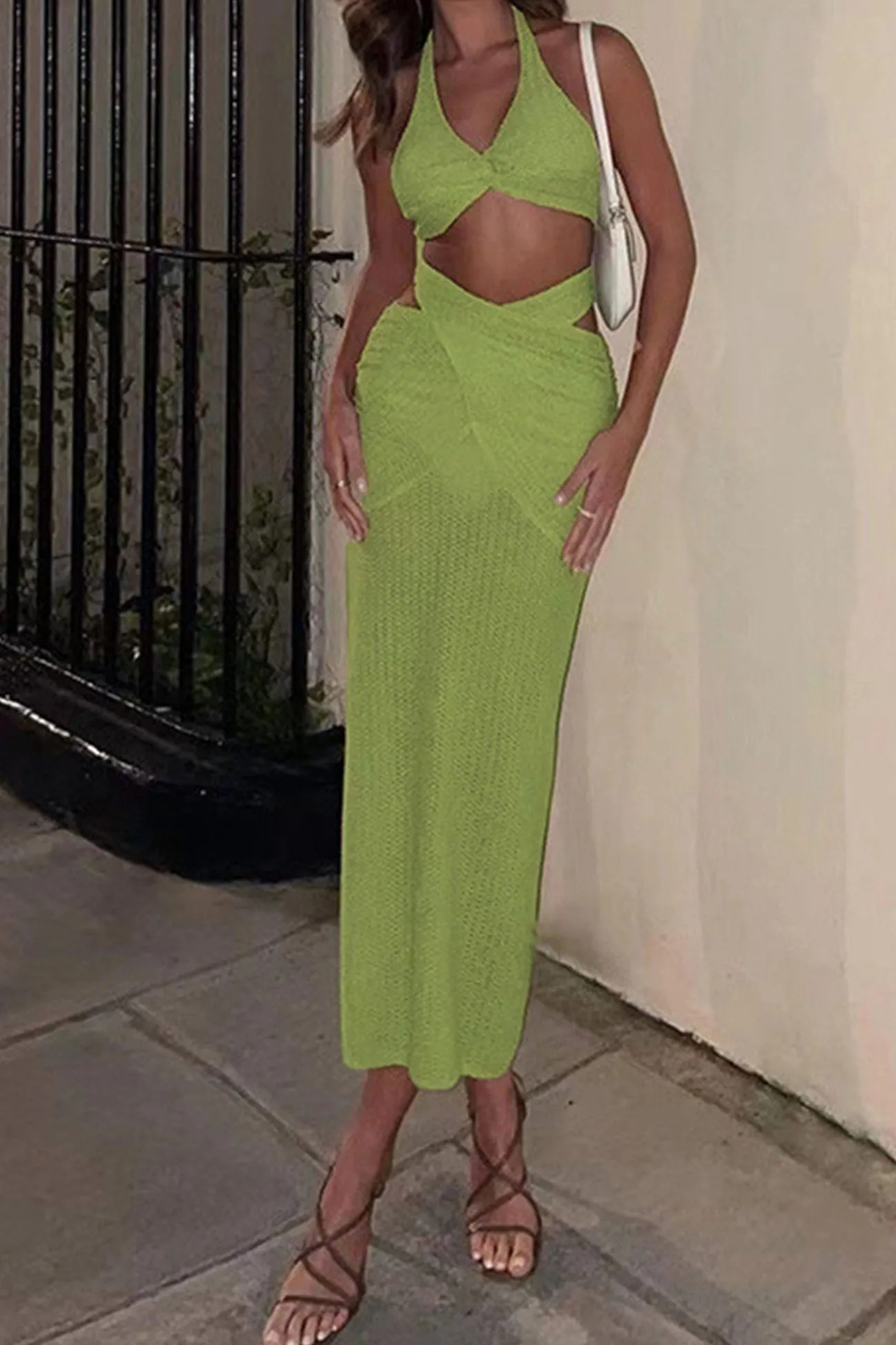 Green Halter Twisted-front Crop Top Strappy Skirt Suits