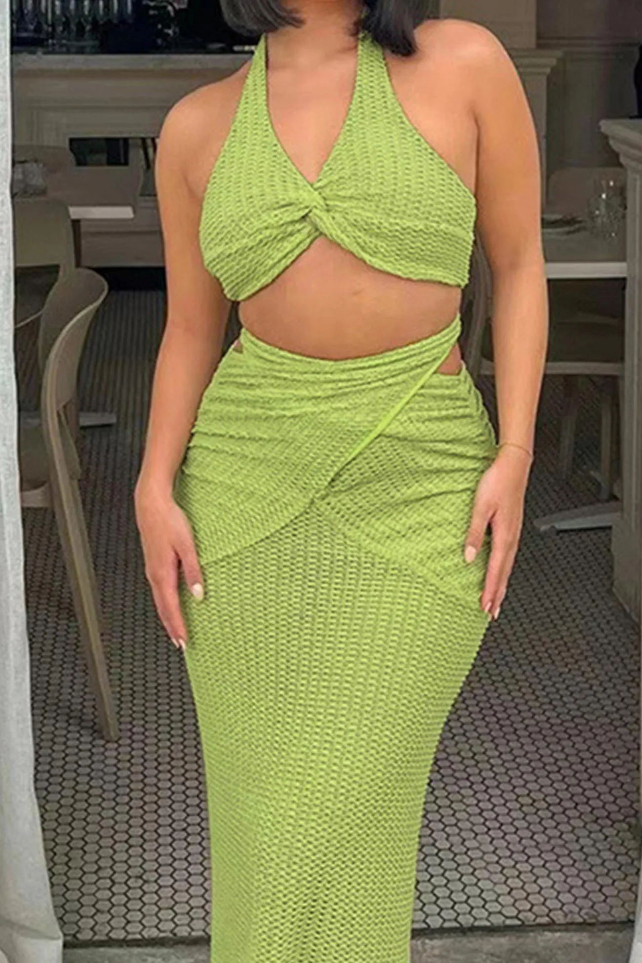 Green Halter Twisted-front Crop Top Strappy Skirt Suits