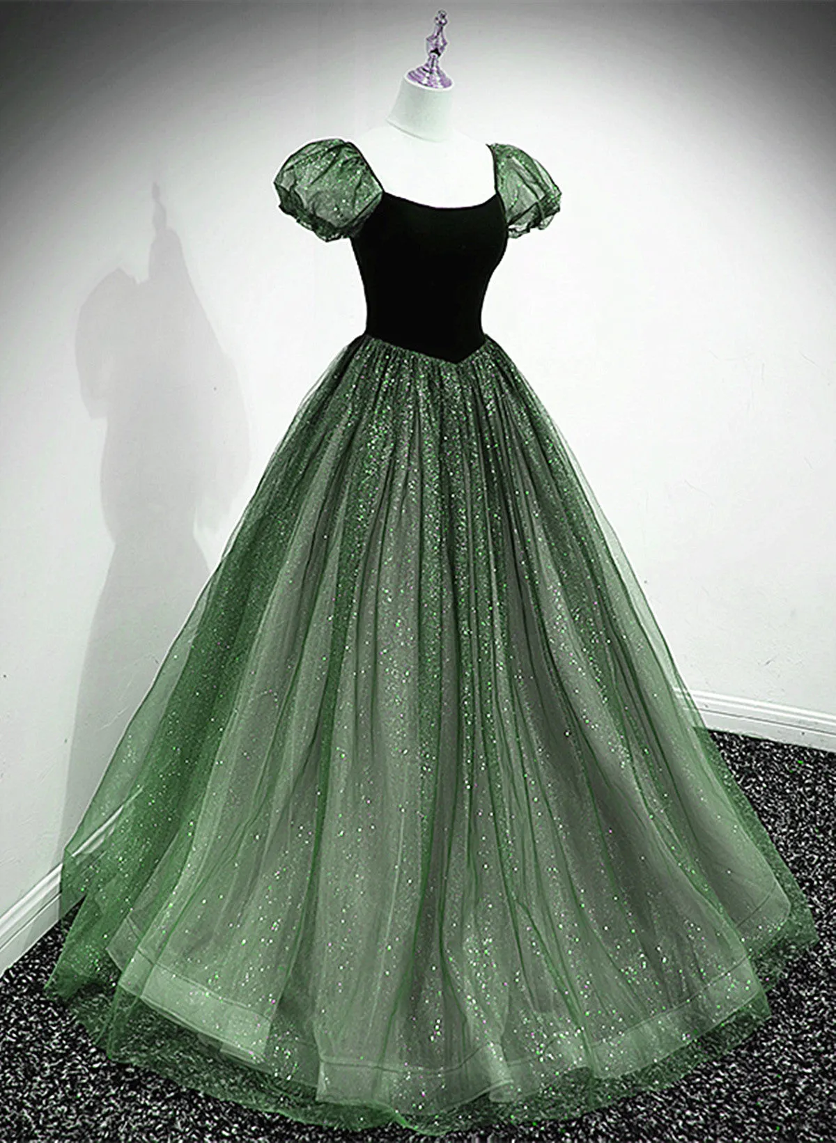 Green Shiny Tulle Short Sleevse Long Formal Dress, Green A-line Prom Dress Party Dress