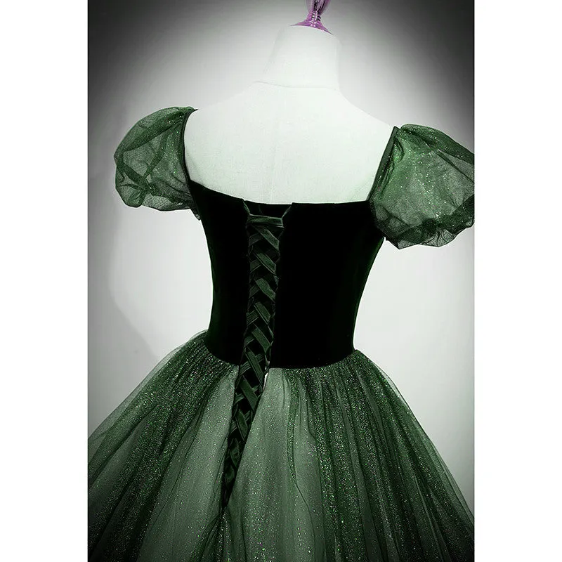 Green Shiny Tulle Short Sleevse Long Formal Dress, Green A-line Prom Dress Party Dress