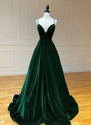 Green V-neckline Straps Lace-up A-line Prom Dress, Green Velvet Long Prom Dress