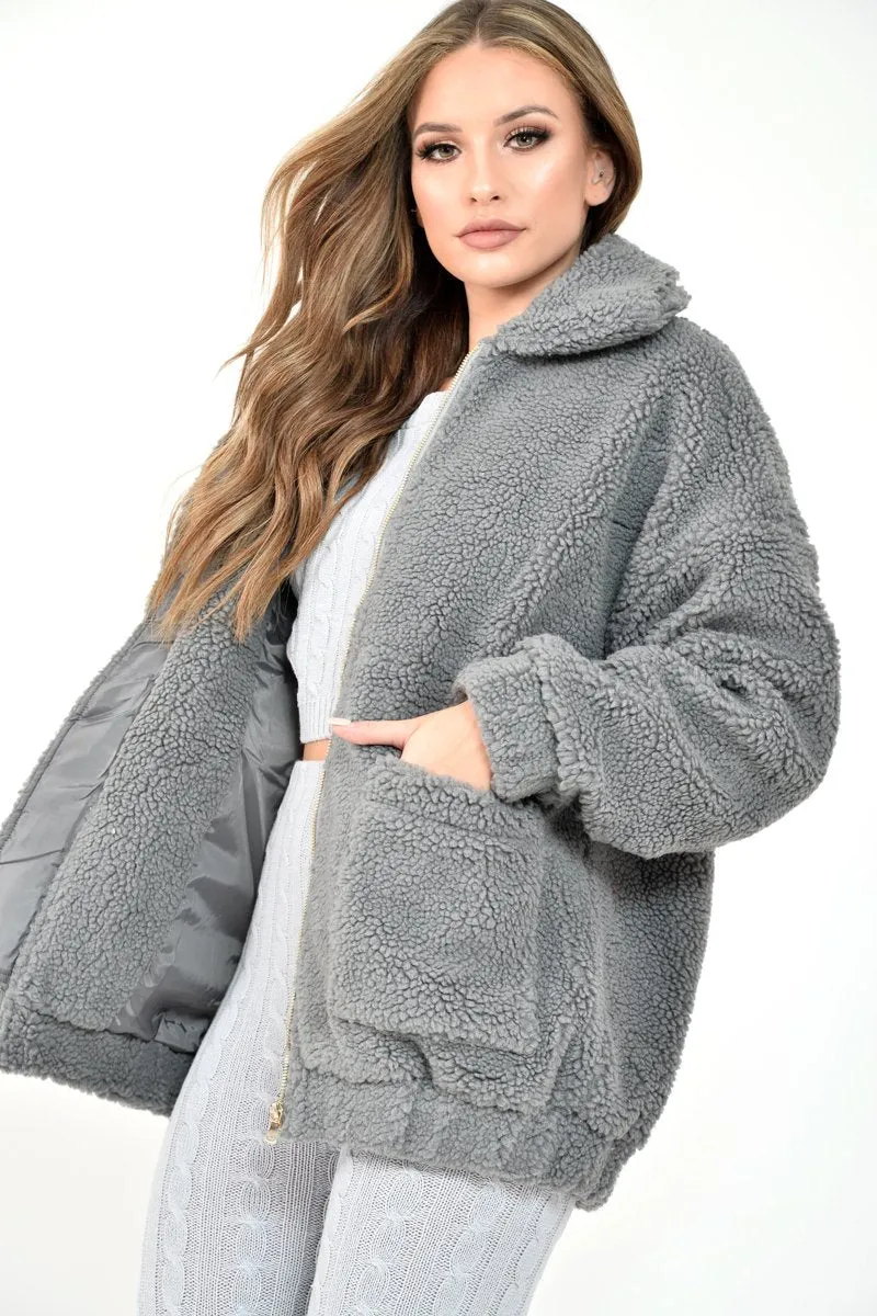 Grey Borg Zipper Front Pocket Coat - Jacklynn