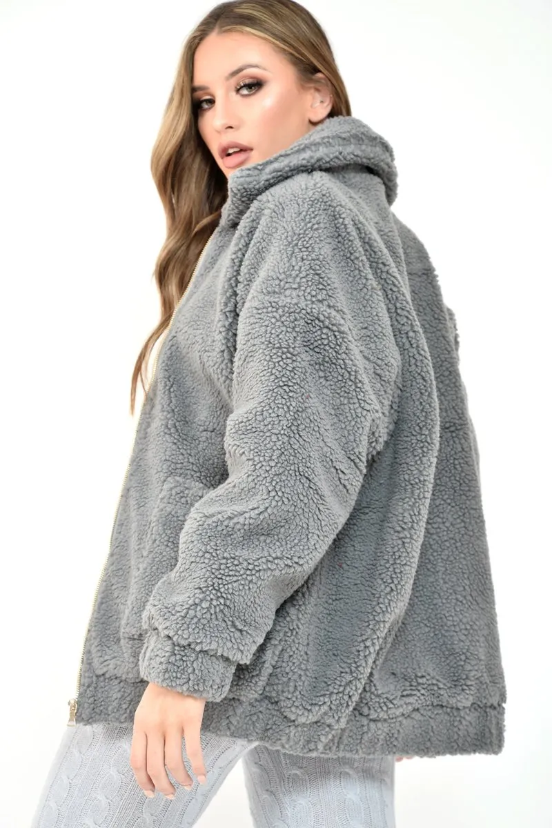 Grey Borg Zipper Front Pocket Coat - Jacklynn