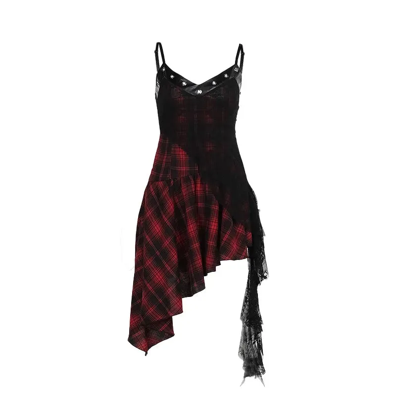 Harajuku Gothic Plaid Y2K 2000s Lace Patchwork Spaghetti Strap Streetwear V-Neck Halloween Gothic Dress