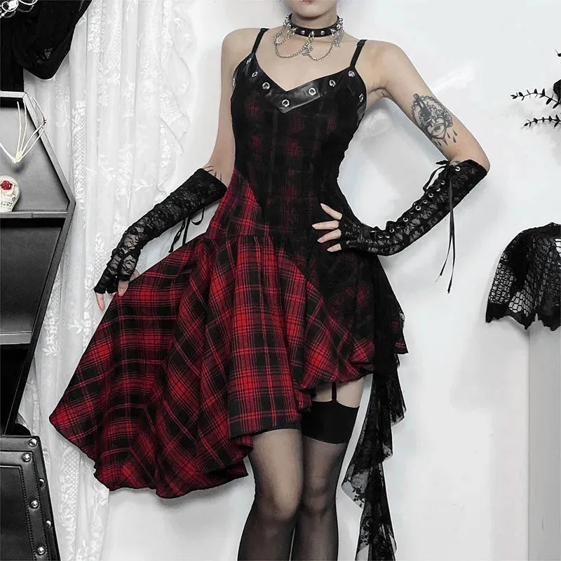 Harajuku Gothic Plaid Y2K 2000s Lace Patchwork Spaghetti Strap Streetwear V-Neck Halloween Gothic Dress