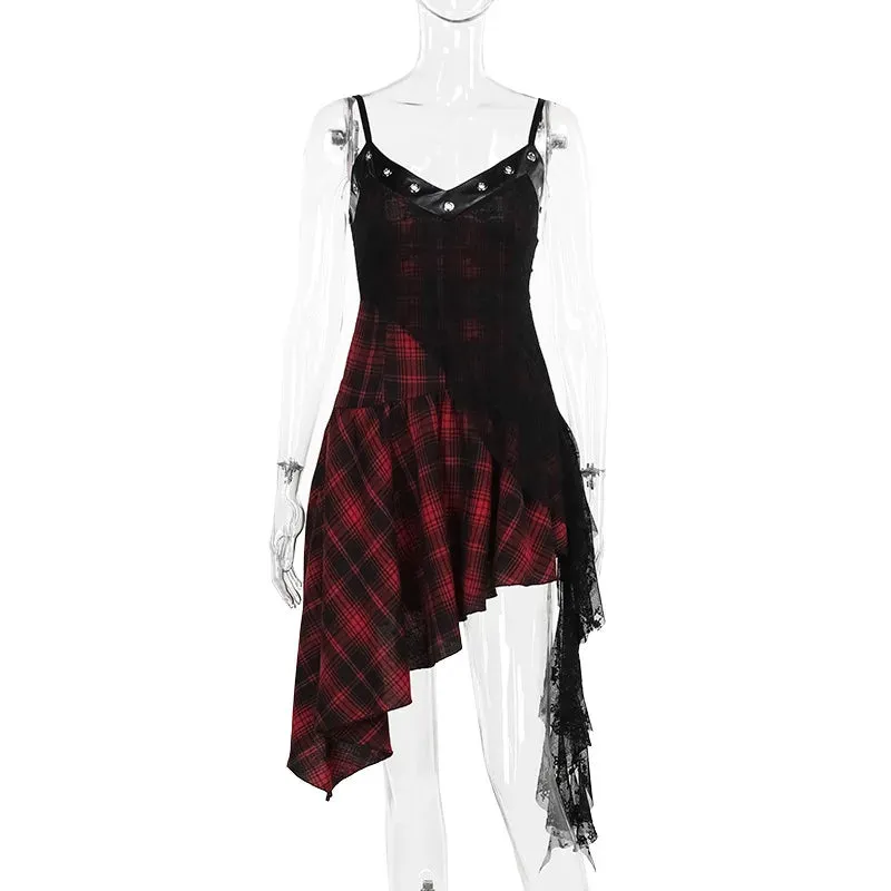 Harajuku Gothic Plaid Y2K 2000s Lace Patchwork Spaghetti Strap Streetwear V-Neck Halloween Gothic Dress