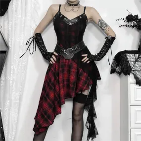 Harajuku Gothic Plaid Y2K 2000s Lace Patchwork Spaghetti Strap Streetwear V-Neck Halloween Gothic Dress