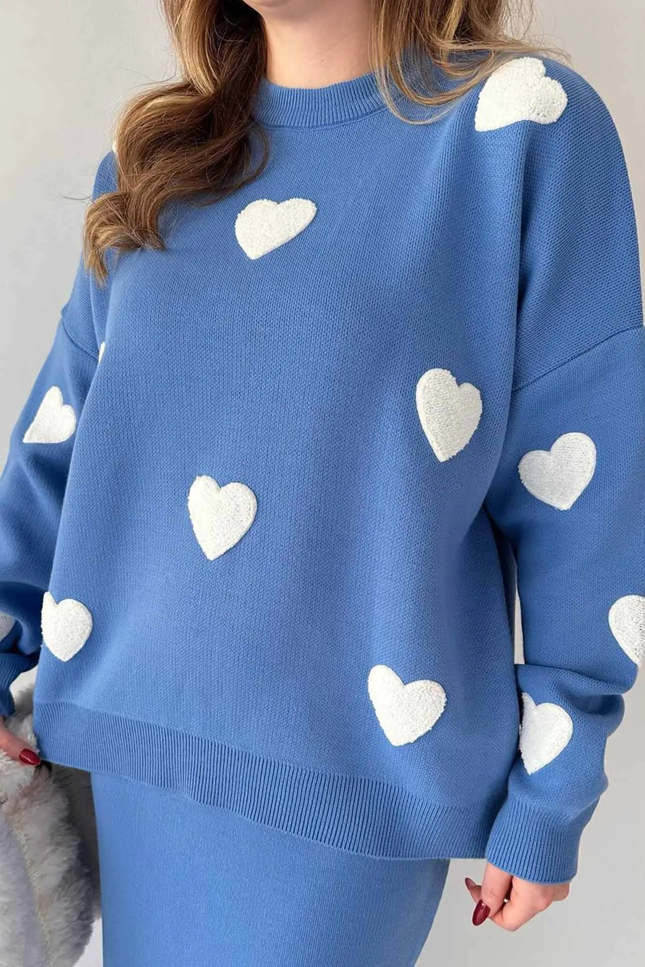 Heart Graphic Sweater Midi Skirt Knit Suits