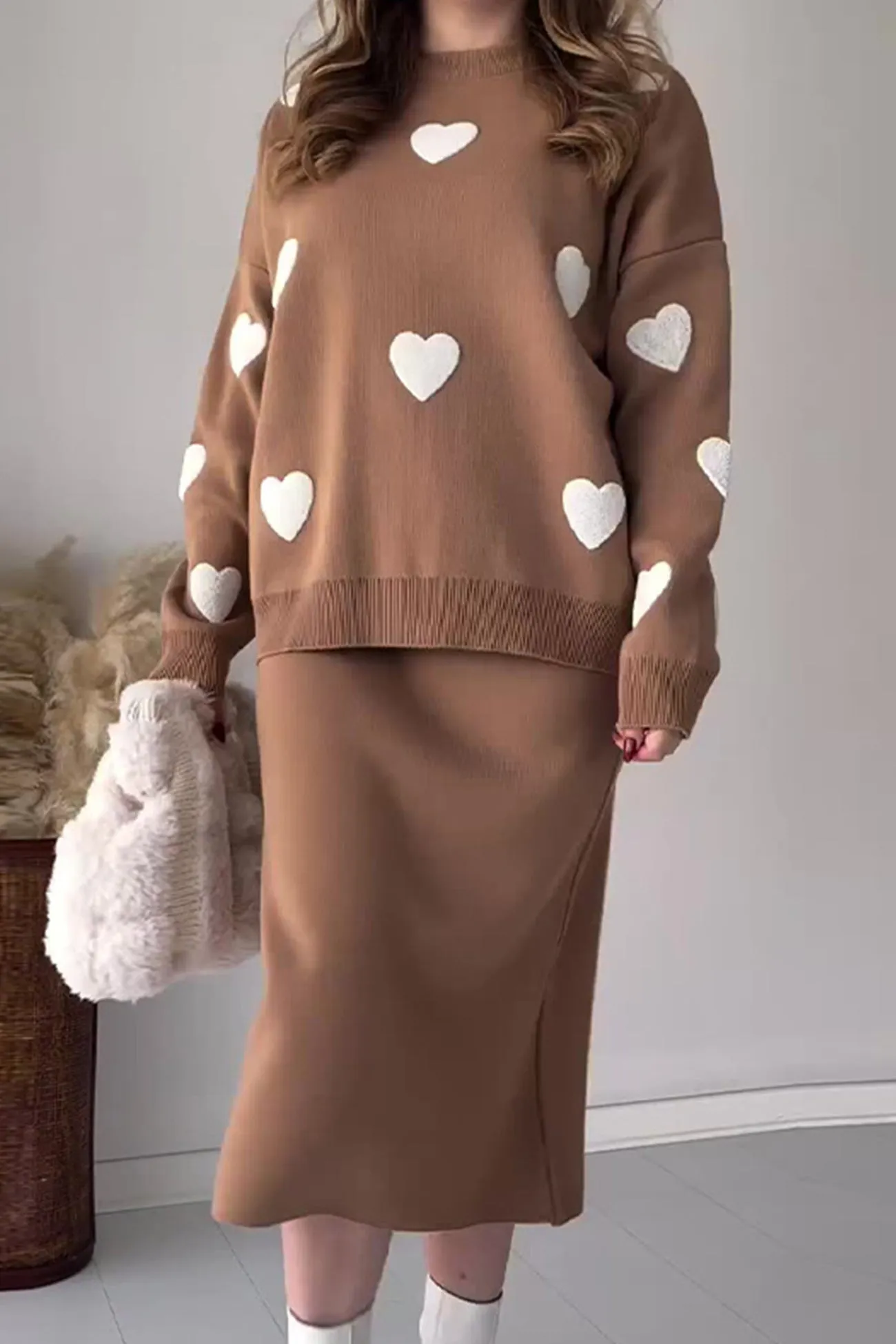 Heart Graphic Sweater Midi Skirt Knit Suits