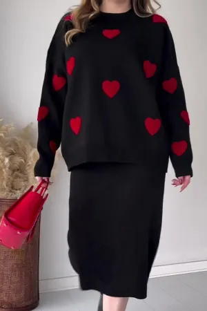 Heart Graphic Sweater Midi Skirt Knit Suits