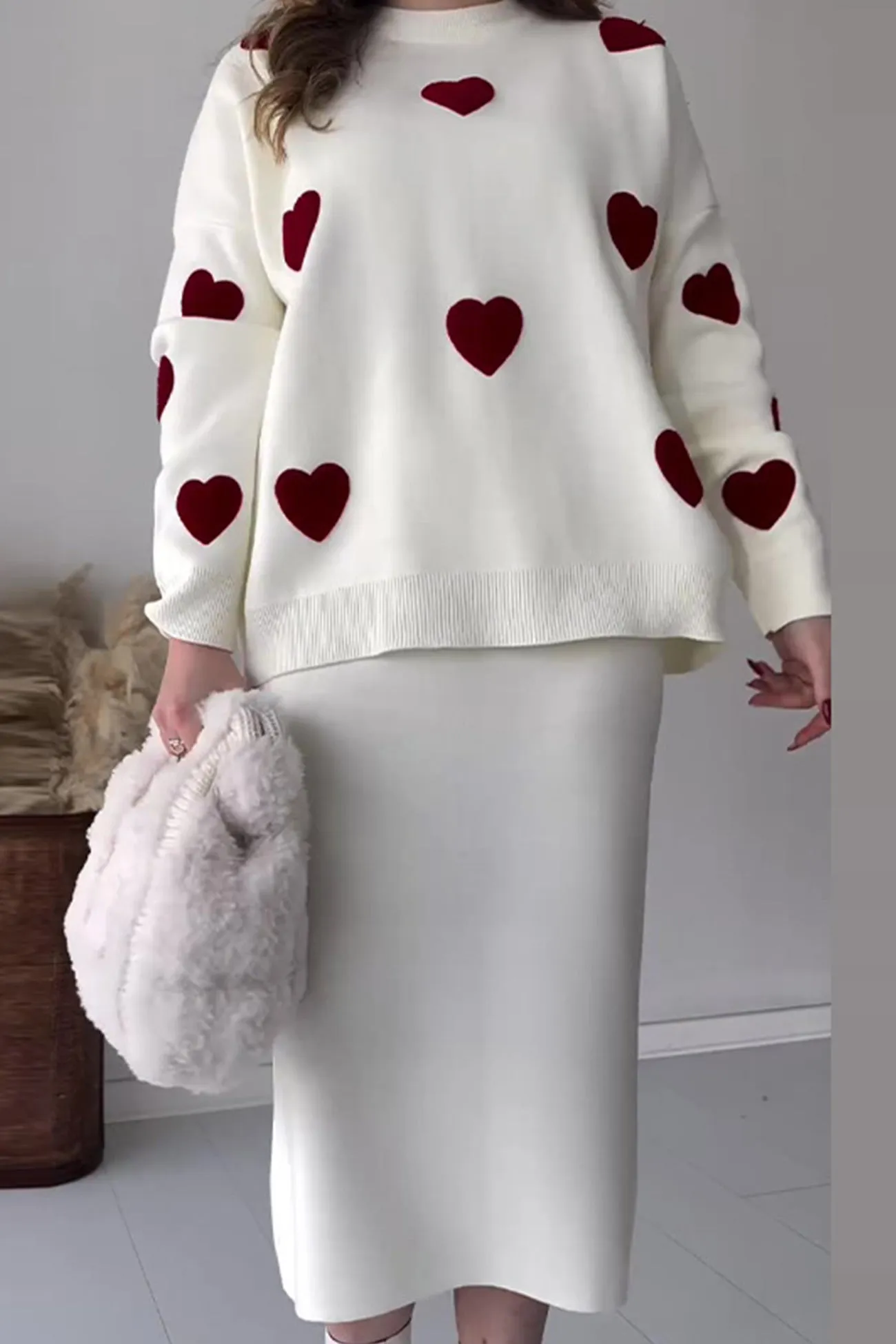 Heart Graphic Sweater Midi Skirt Knit Suits