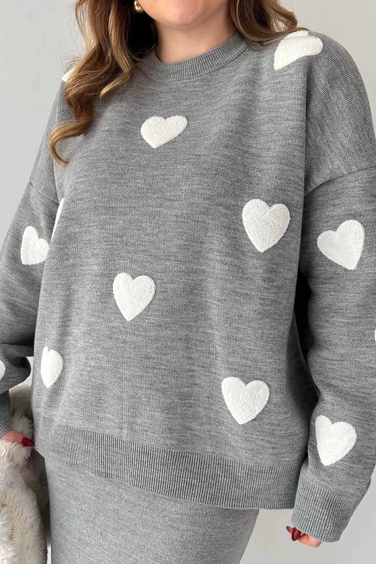 Heart Graphic Sweater Midi Skirt Knit Suits