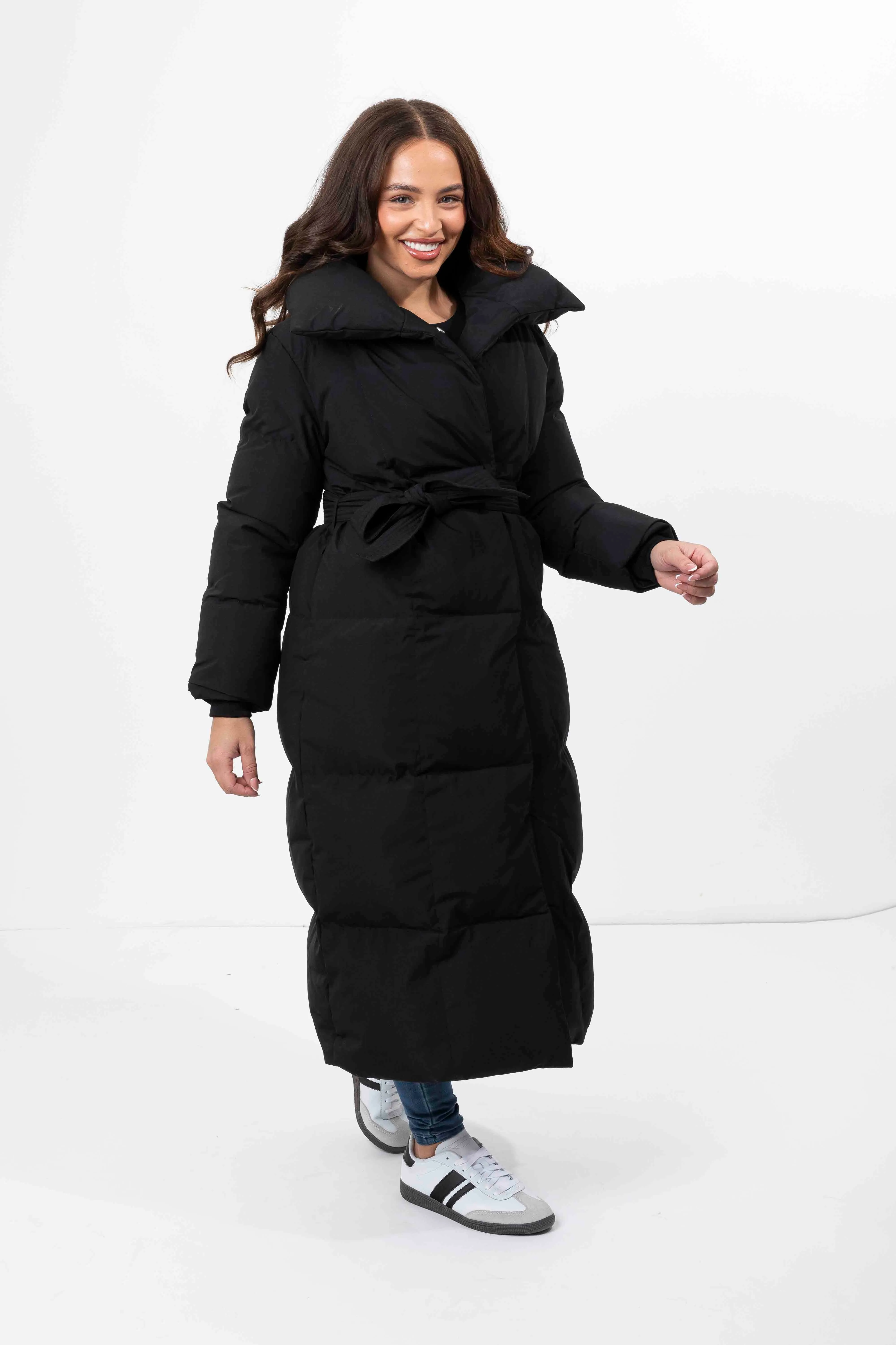 High Neck Quilted Tie Belt Relaxed Fit Long Winter Jacket