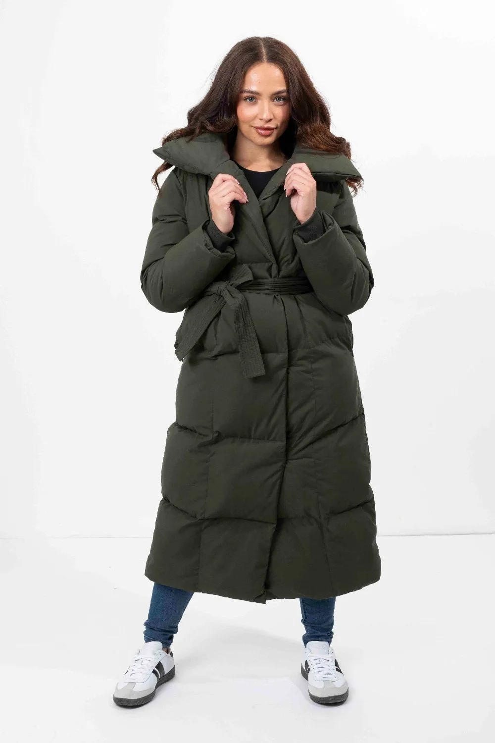 High Neck Quilted Tie Belt Relaxed Fit Long Winter Jacket