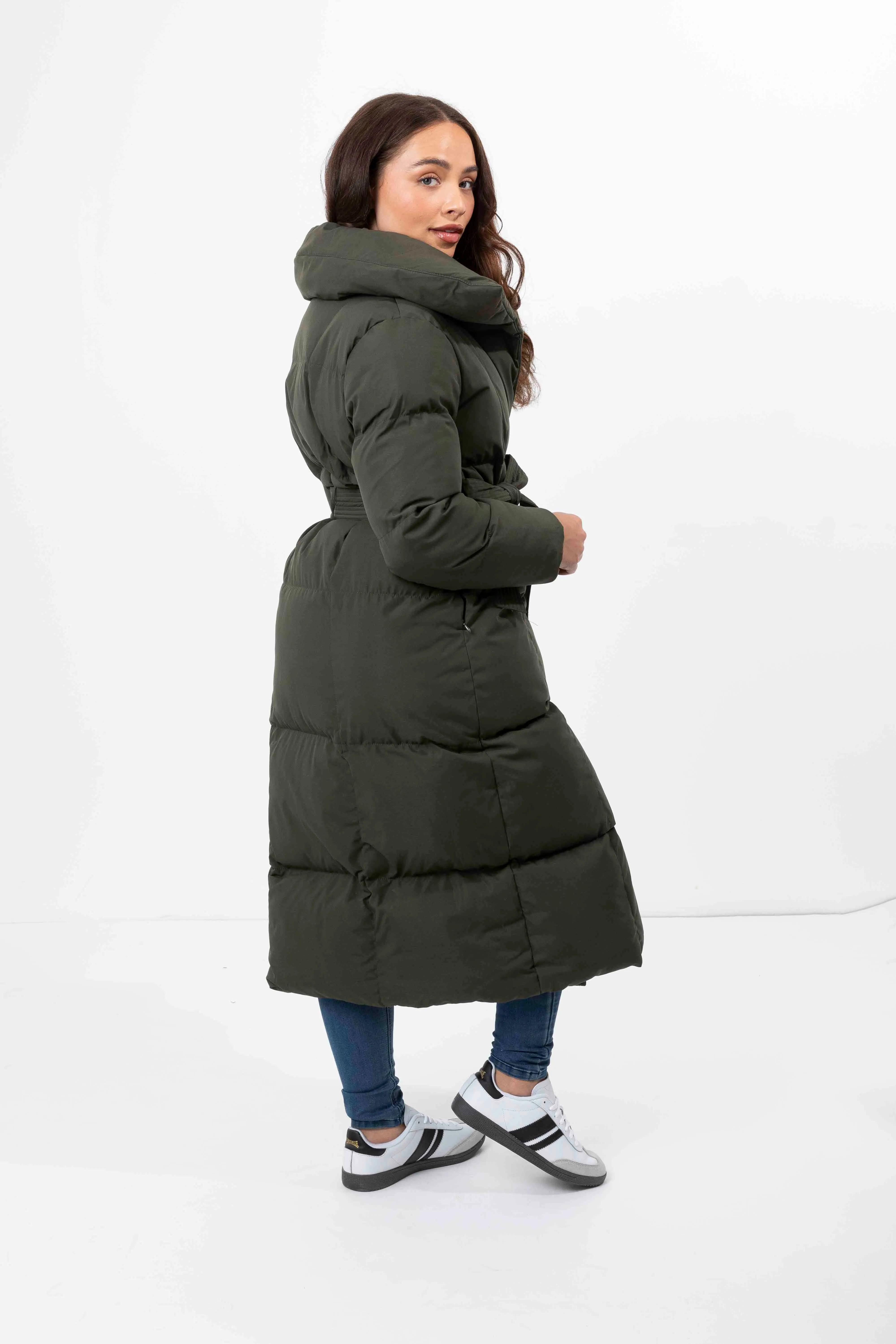 High Neck Quilted Tie Belt Relaxed Fit Long Winter Jacket