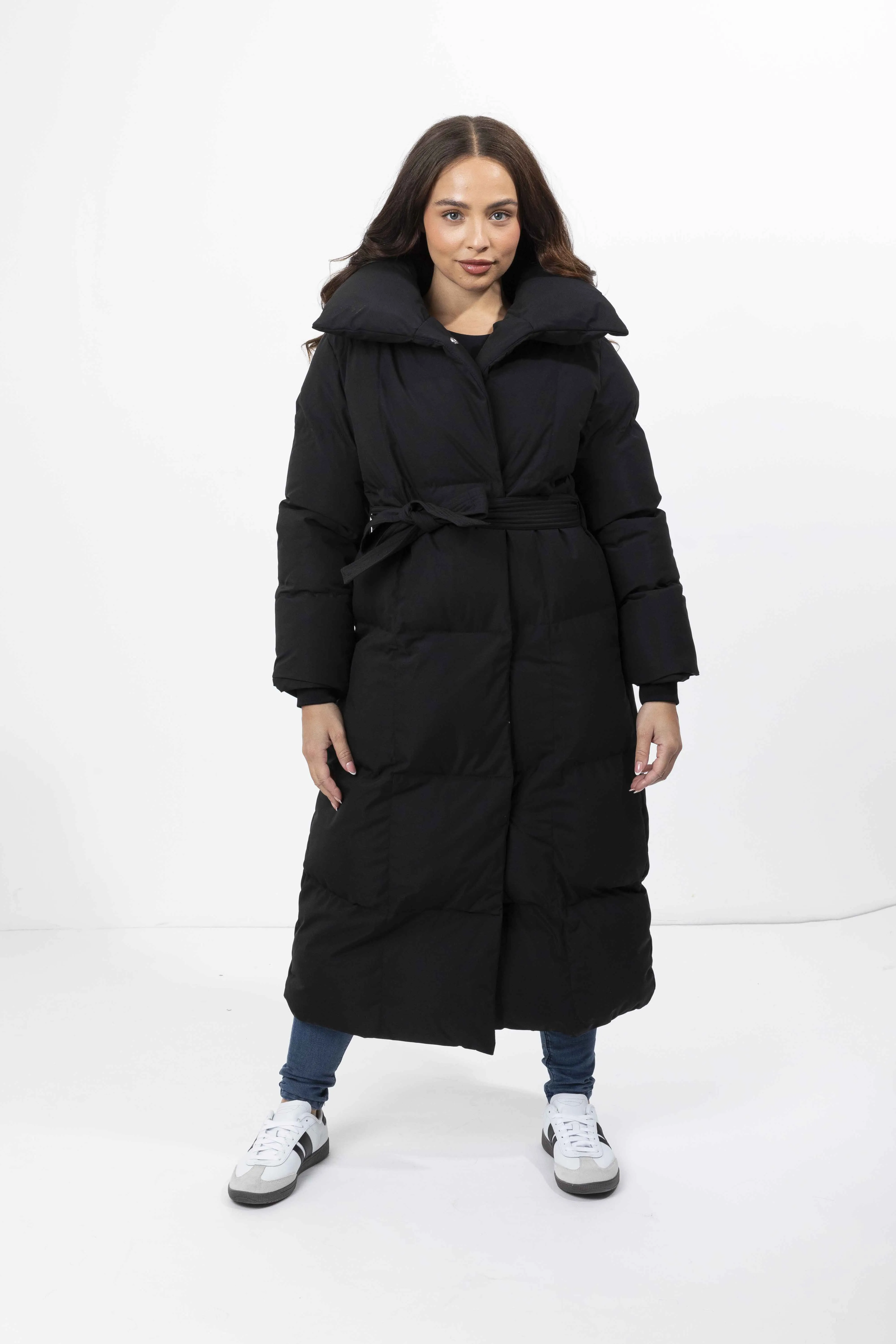 High Neck Quilted Tie Belt Relaxed Fit Long Winter Jacket