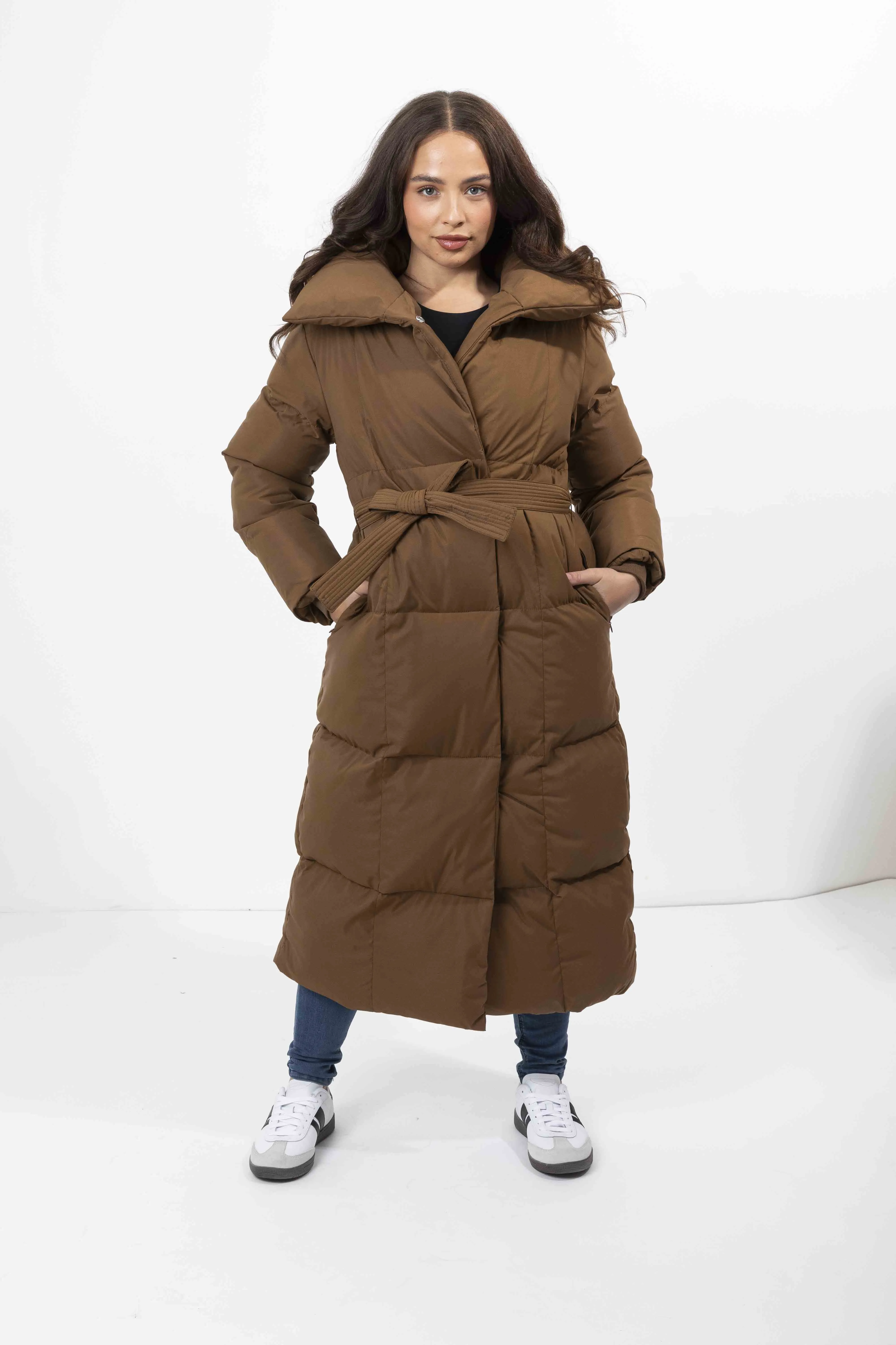 High Neck Quilted Tie Belt Relaxed Fit Long Winter Jacket