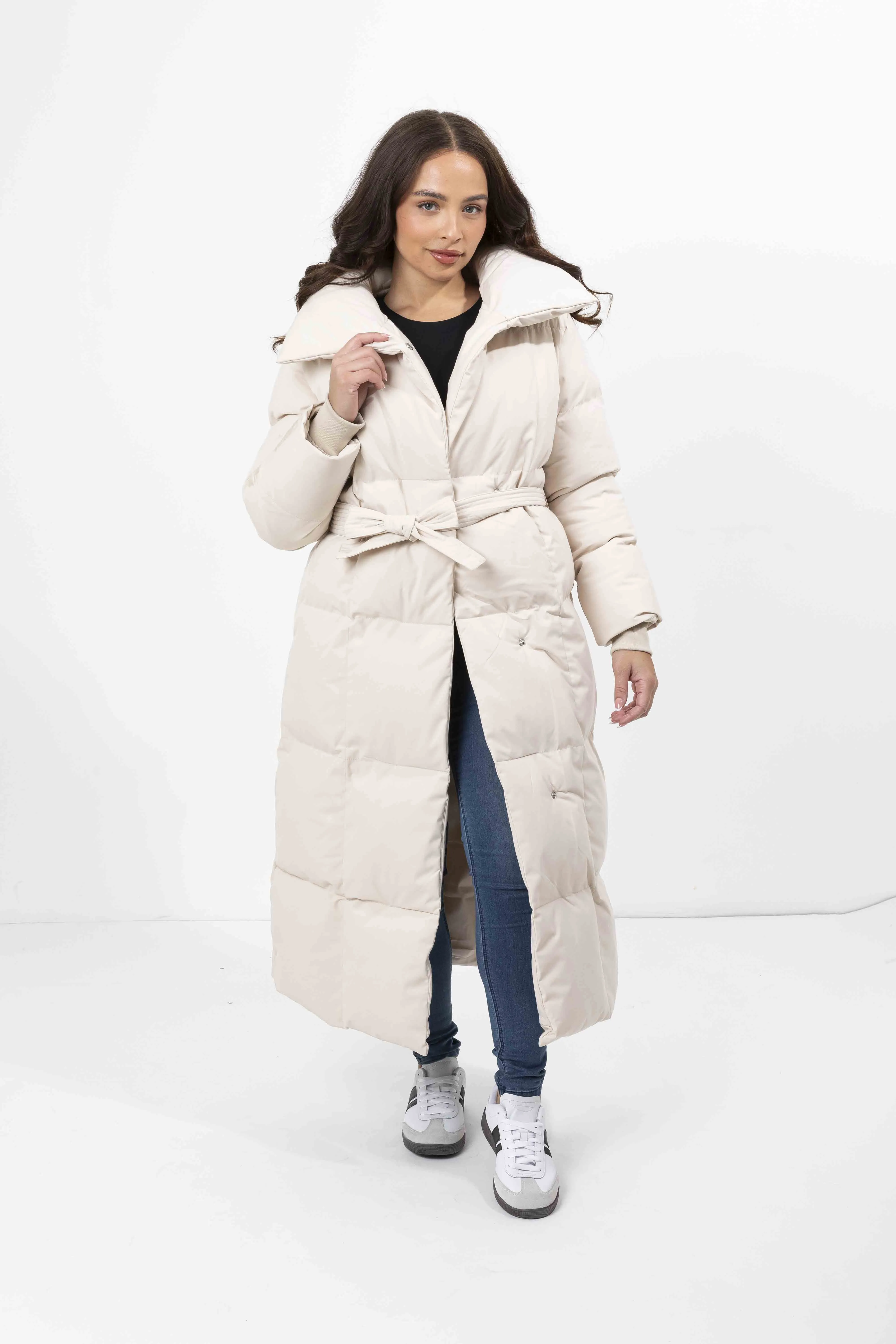 High Neck Quilted Tie Belt Relaxed Fit Long Winter Jacket