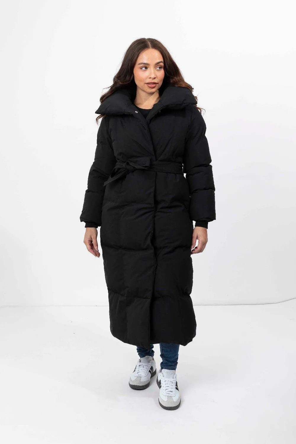 High Neck Quilted Tie Belt Relaxed Fit Long Winter Jacket