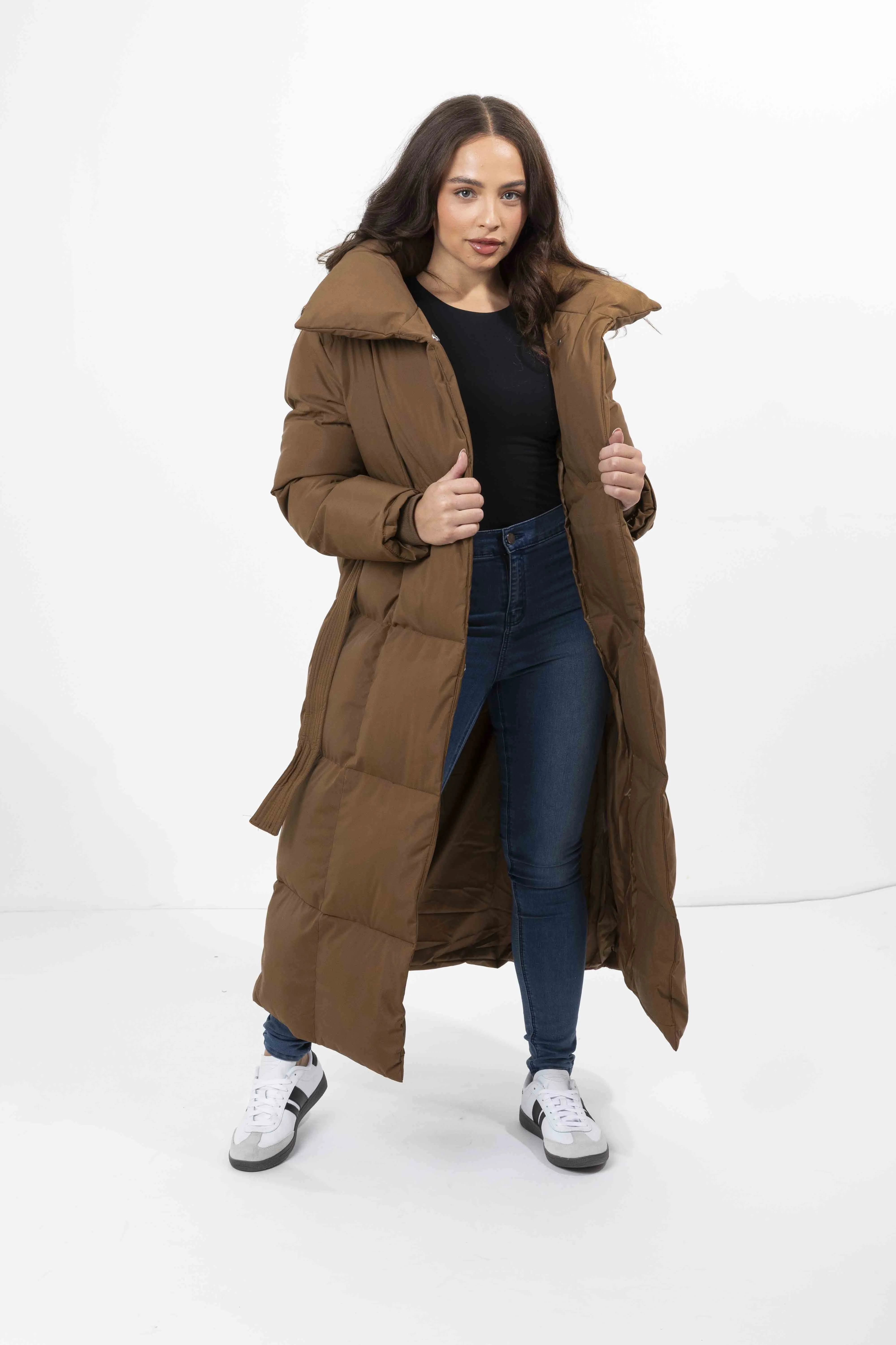 High Neck Quilted Tie Belt Relaxed Fit Long Winter Jacket