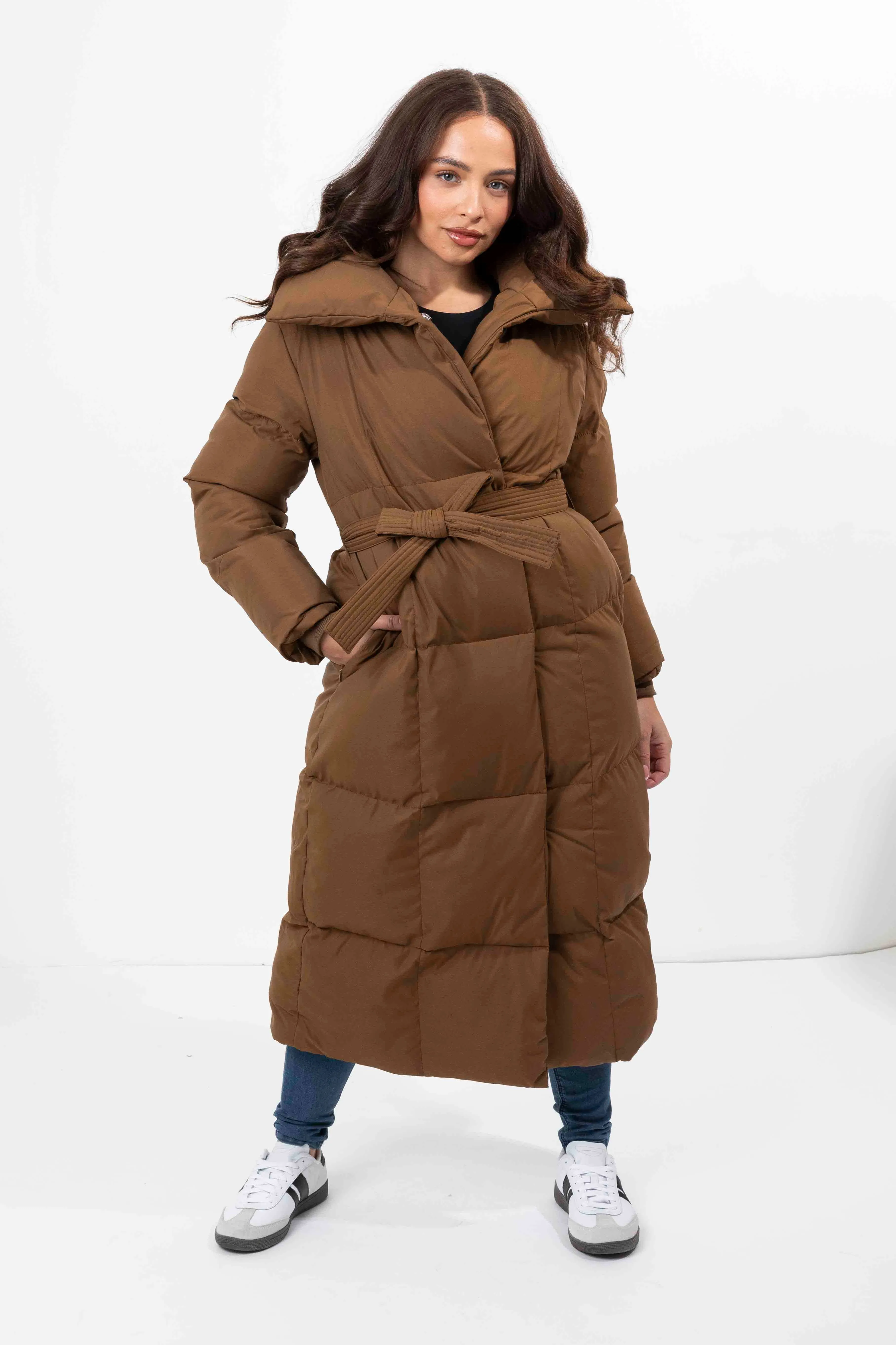 High Neck Quilted Tie Belt Relaxed Fit Long Winter Jacket