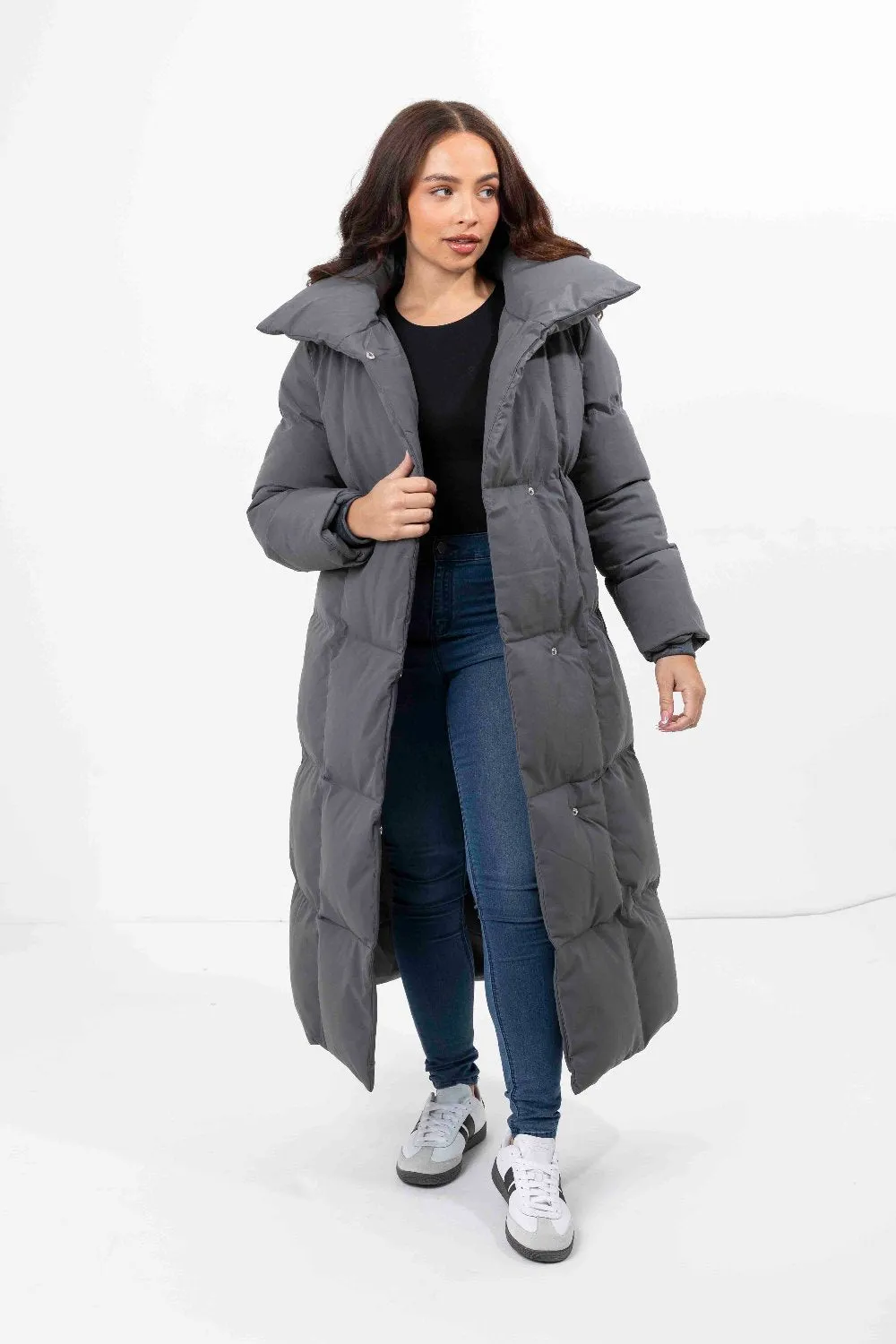 High Neck Quilted Tie Belt Relaxed Fit Long Winter Jacket