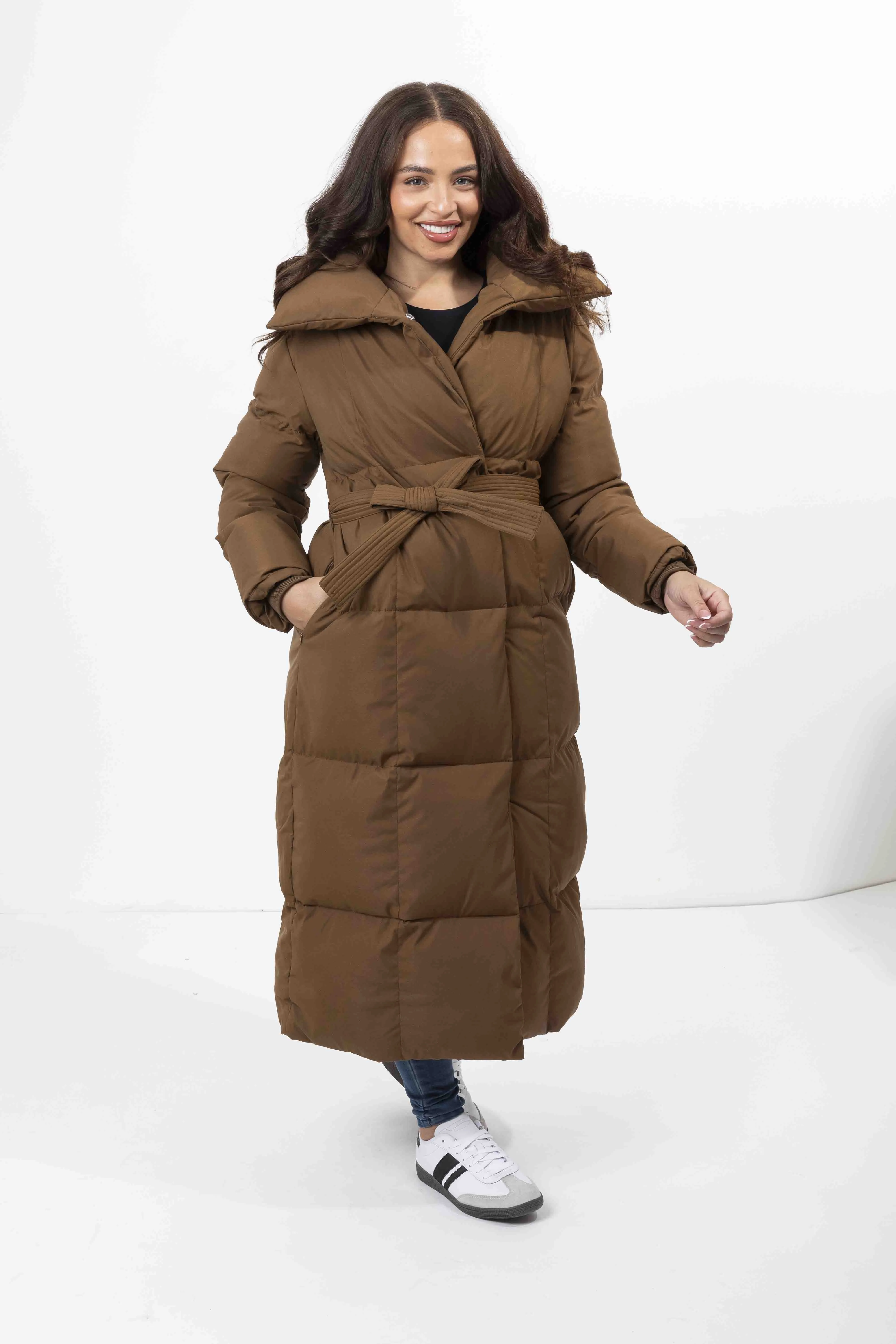 High Neck Quilted Tie Belt Relaxed Fit Long Winter Jacket