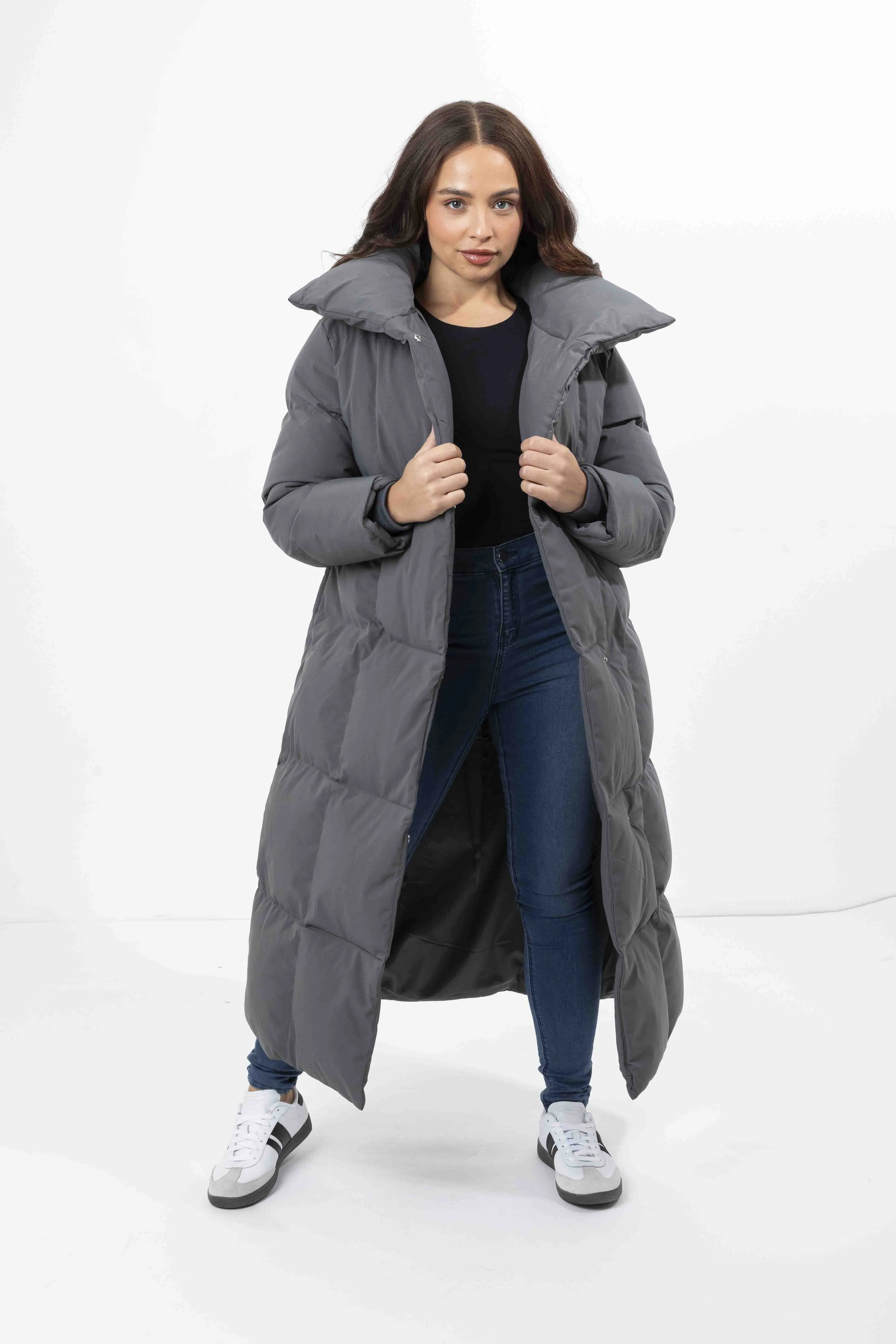 High Neck Quilted Tie Belt Relaxed Fit Long Winter Jacket