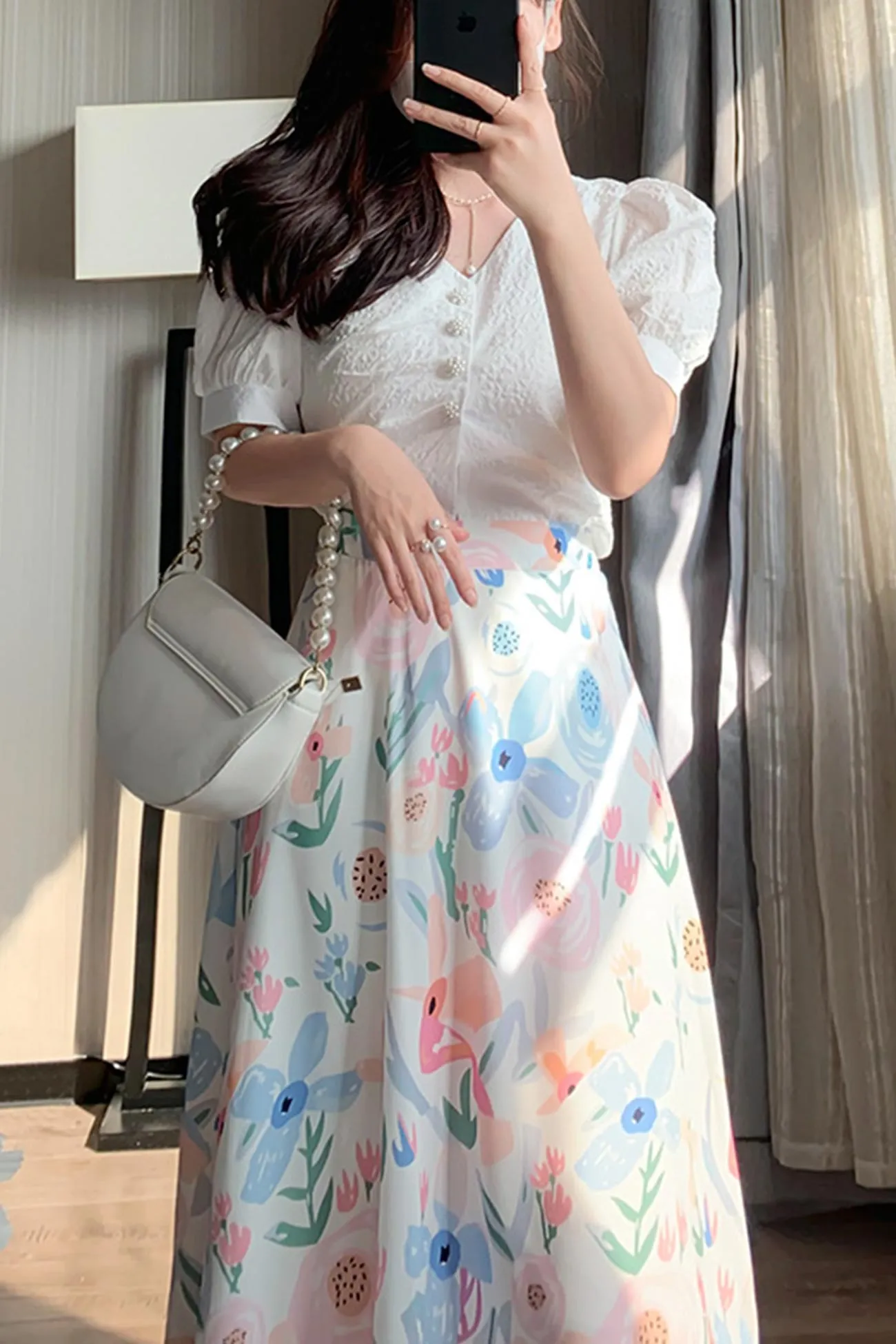 High Waist Fresh Floral Print Midi Skirt