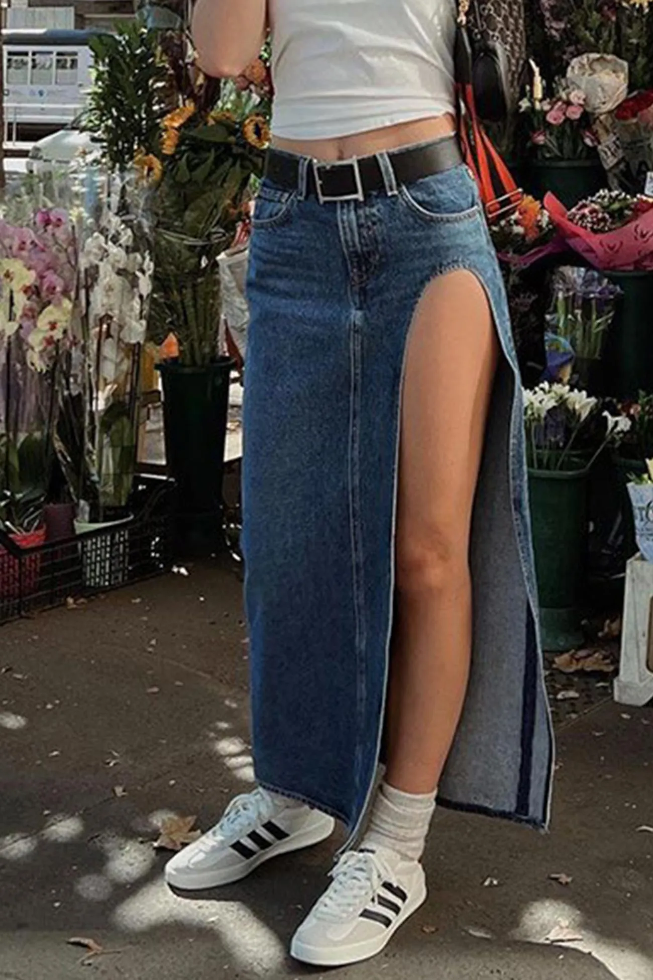 High Waist High Slit Denim Skirt