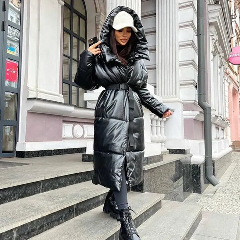 Hooded PU Leather Parkas Women Fashion Tie Belt Coats Women