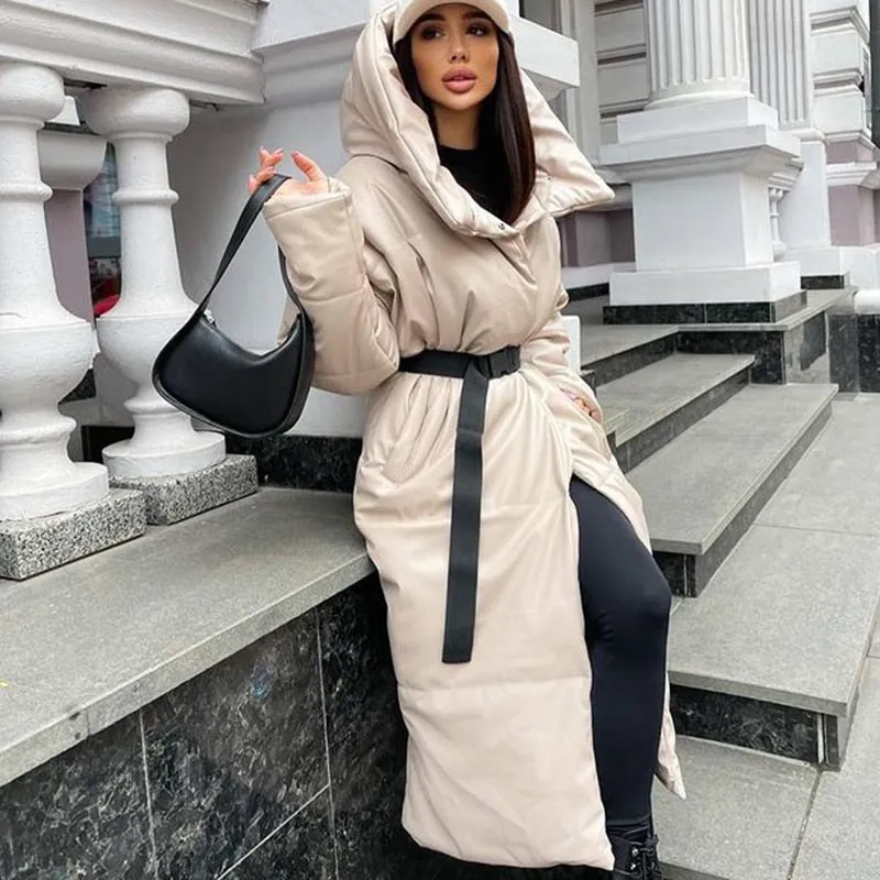 Hooded PU Leather Parkas Women Fashion Tie Belt Coats Women